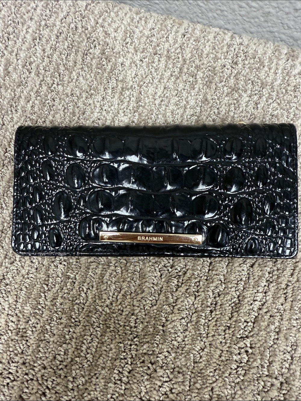 Brahmin Melbourne Black Croc-Embossed Clutch Wallet with Gold Accent